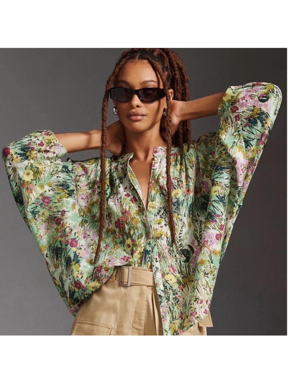 Anthropologie Pilcro Floral Batwing Blouse (Green) (Medium)